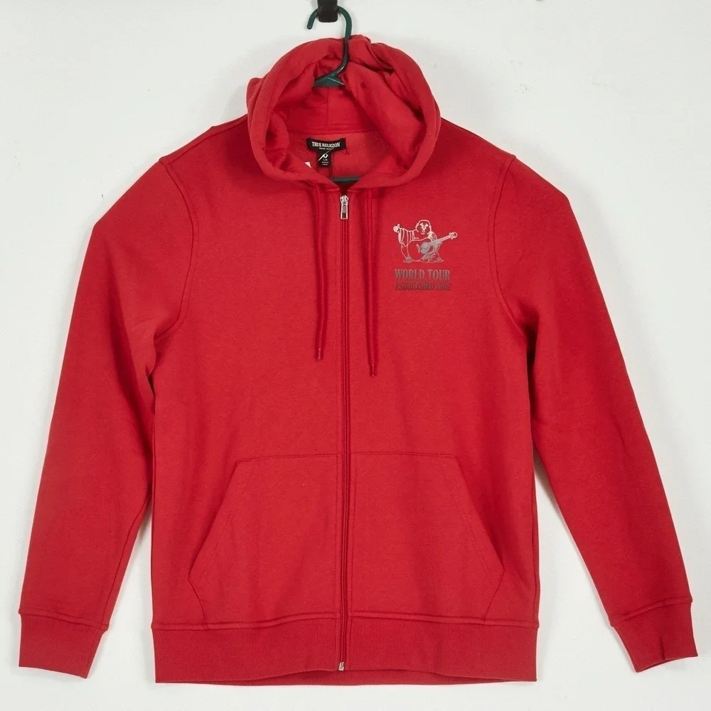 True Religion Mens Red World Tour Established 2002 Graphic Zip Hoodie Size L